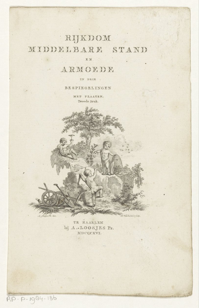 Tre putti med attributter i et bjerglandskab Titelside for: Adriaan Pietersz. Loosjes, Middelklassens rigdom og fattigdom i tre refleksioner, 1816 af Reinier Vinkeles (I)
