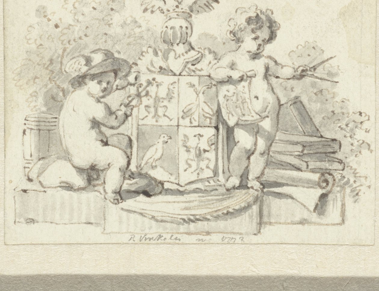 To putti, med kompas og aesculap, ved Schoemaker-familiens våbenskjold af Reinier Vinkeles (I)