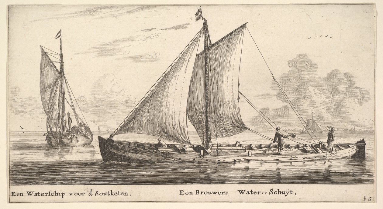 Et vandskib, der transporterer vand til saltværker og et andet, der transporterer vand til..., 1600-tallet. af Reinier Zeeman