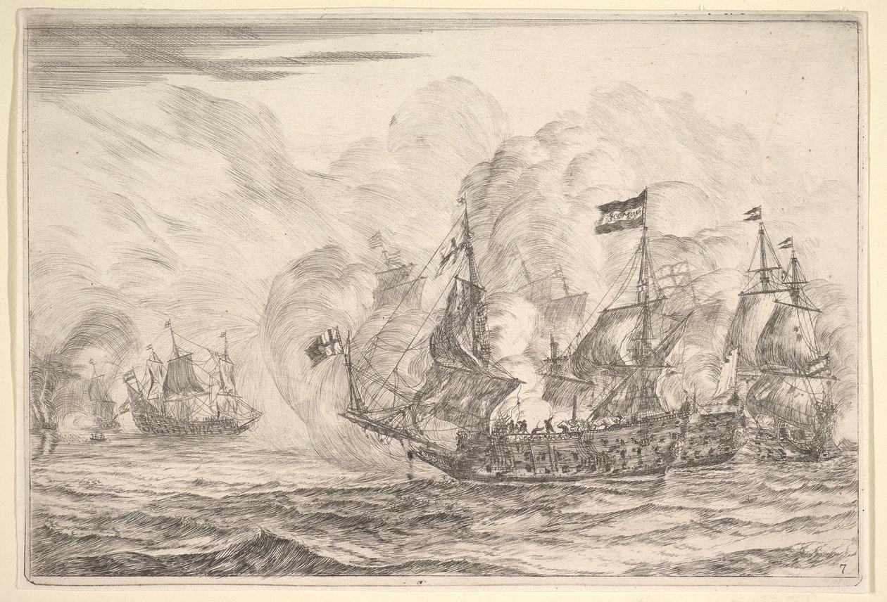 Sømøde med tre fartøjer til højre, fra søslag Nieuwe Scheeps Bat..., 1652-54. af Reinier Zeeman