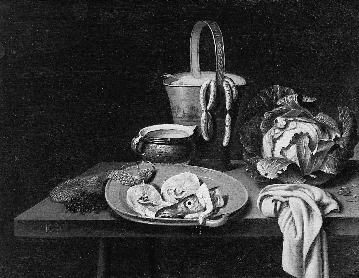 Fisk på en fajancetallerken, en spand med pølser, en glaseret keramikskål, en kål og et klæde på et træbord af Reinier or Reynier Coveyn or Covyn