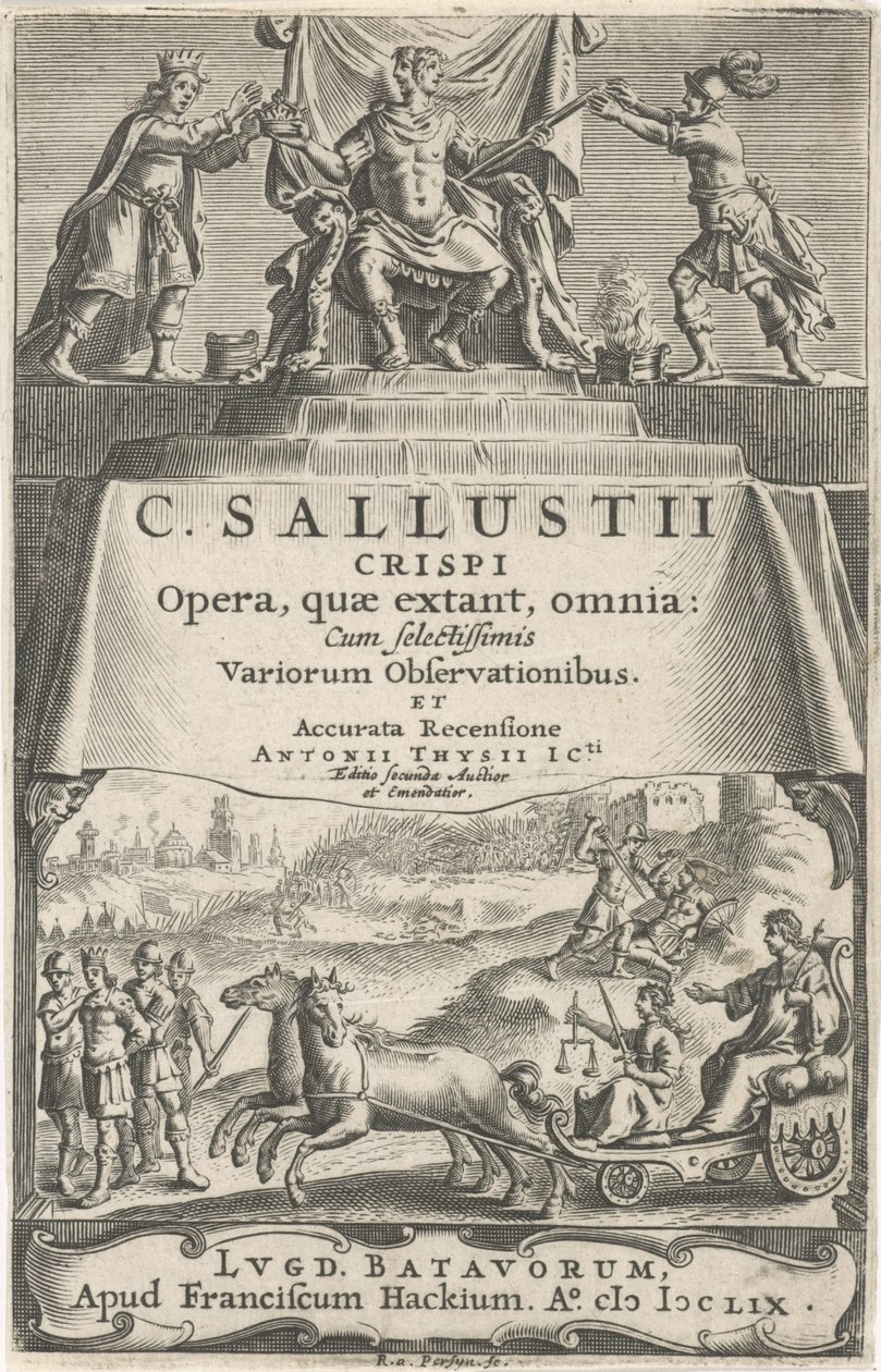 En kejser og retfærdighed på triumfvogn Titelblad for: A. Thysius jr., Opera, quæ extant, omnia, 1659 af Reinier van Persijn