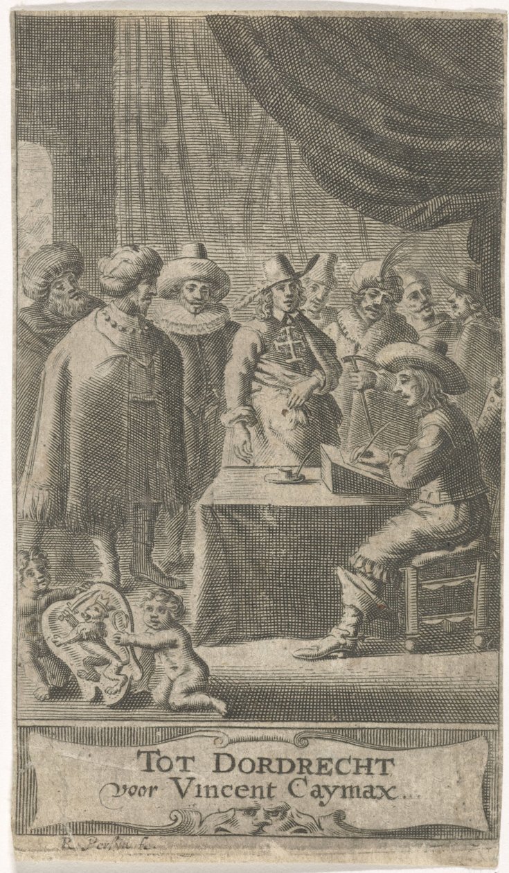 Købmand ved skrivebordet Titelblad for: J. van der Does e.a., Verscheyde voyagien, ofte reysen, 1652 af Reinier van Persijn