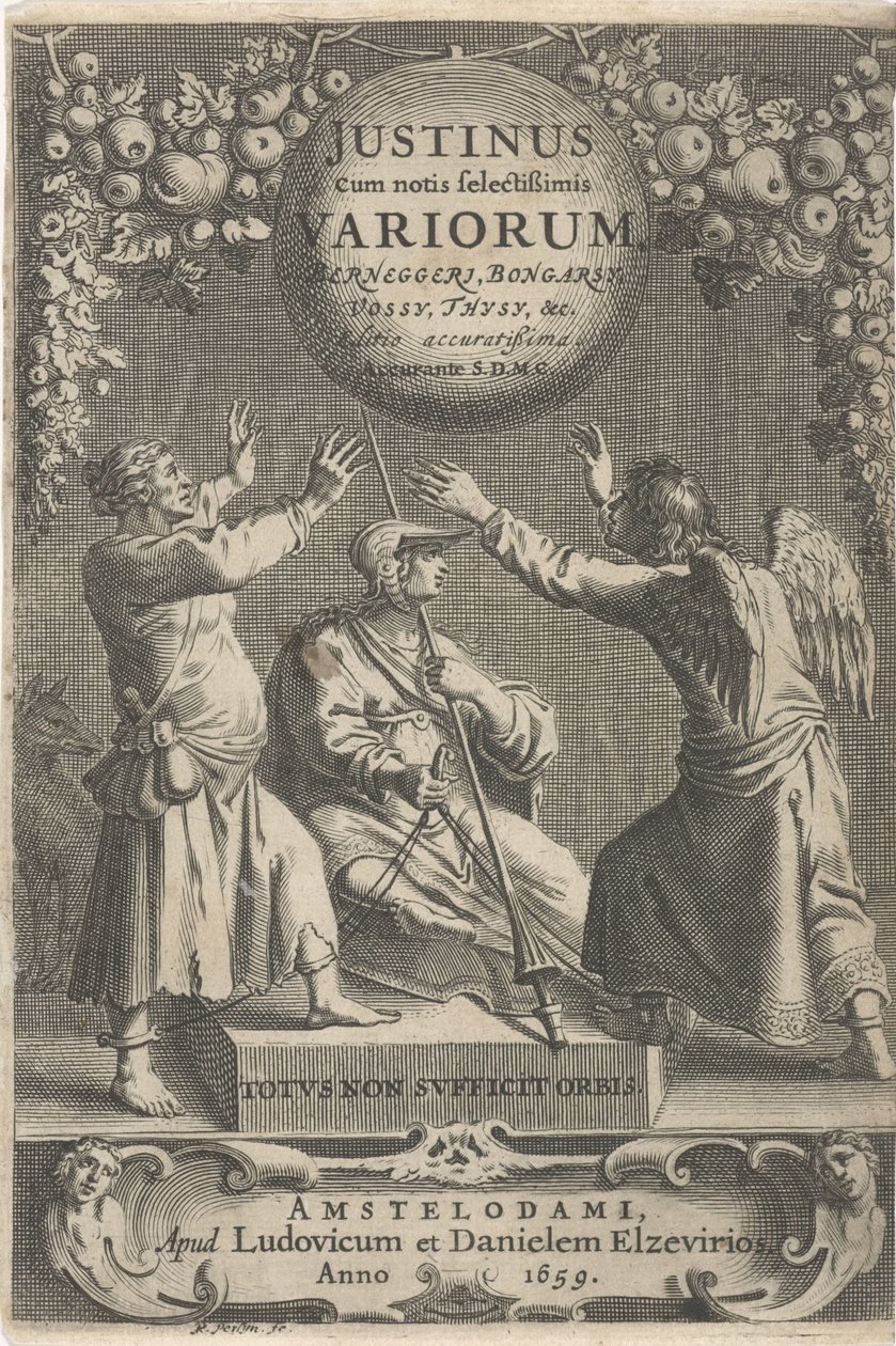 Minerva en twee geketende figurer Titelside for: A. Thysius, Justinus cum notis selectissimis variorum Berneggerj, Bongarsy, Vossy, Thysy, &c, 1659 af Reinier van Persijn