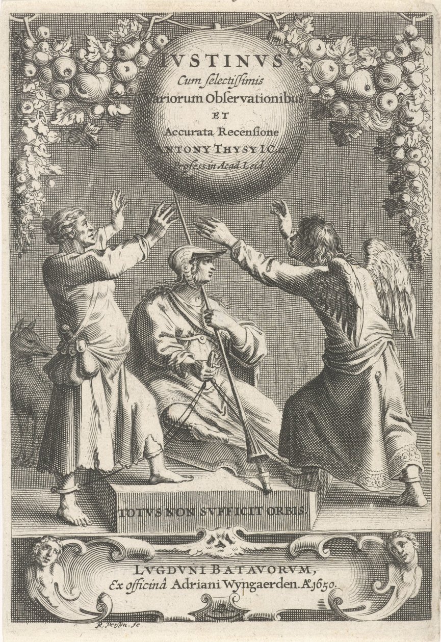 Minerva en twee geketende figurer Titelpagina voor: A. Thysius, Justinus med de mest udvalgte forskellige observationer og en detaljeret gennemgang, 1650 af Reinier van Persijn