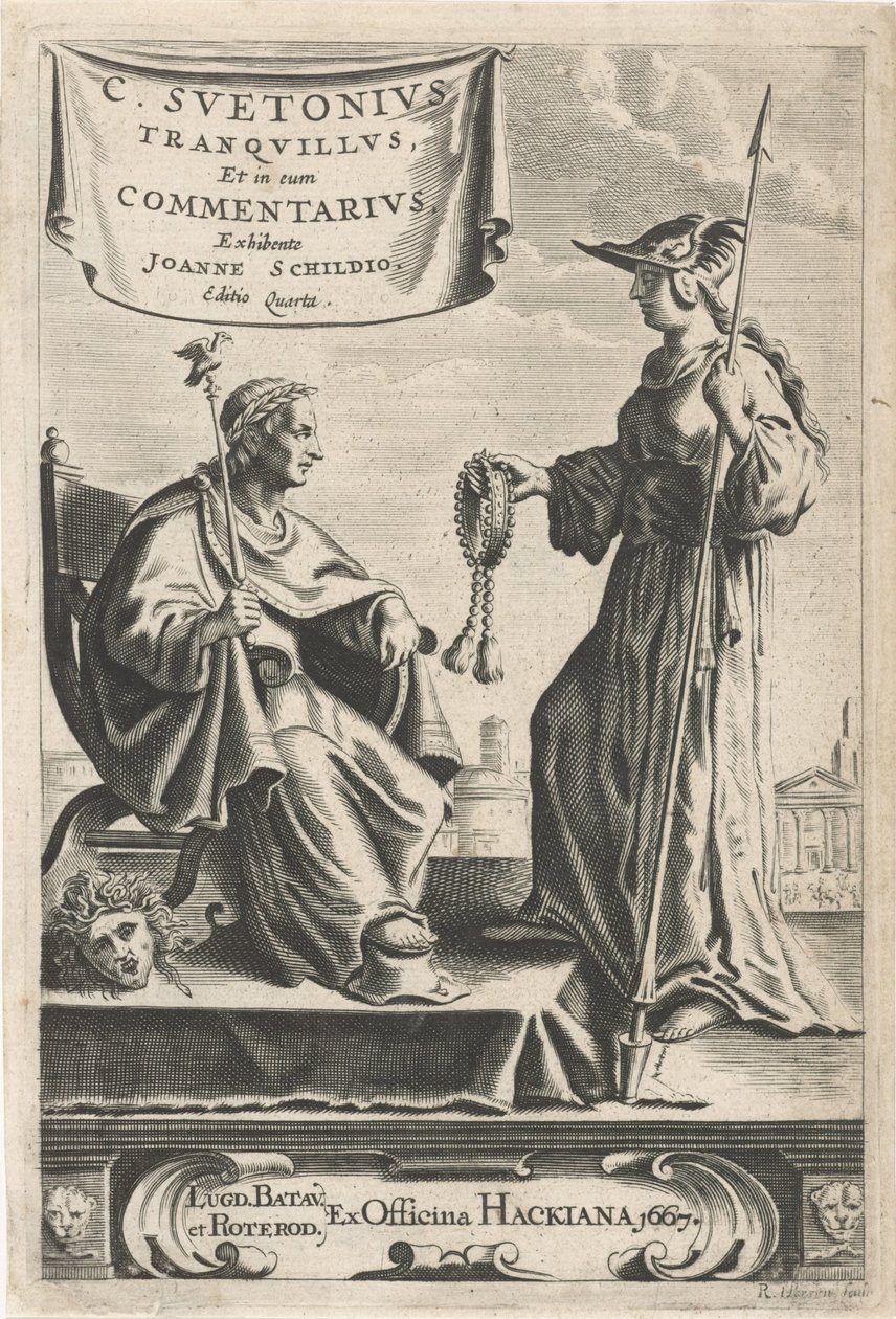 Piedestal med en kejser på sit sæde Titelblad for: J. Schild, [Opera], 1667 af Reinier van Persijn