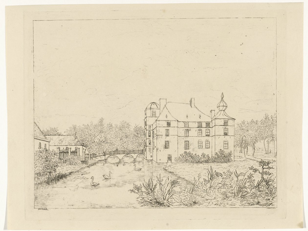 Set fra siden af ​​Cannenburch-slottet med huse ved indgangsbroen af Reinierus Albertus Ludovicus baron van Isendoorn à Blois
