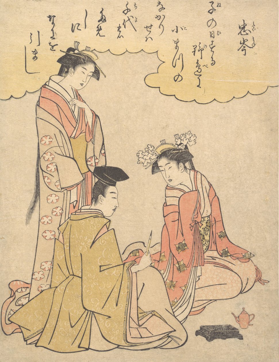 Hofmand og to hofdamer, med et digt af Mibu no Tadamine, ca. 1791., ca. 1791. af Rekisentei Eiri
