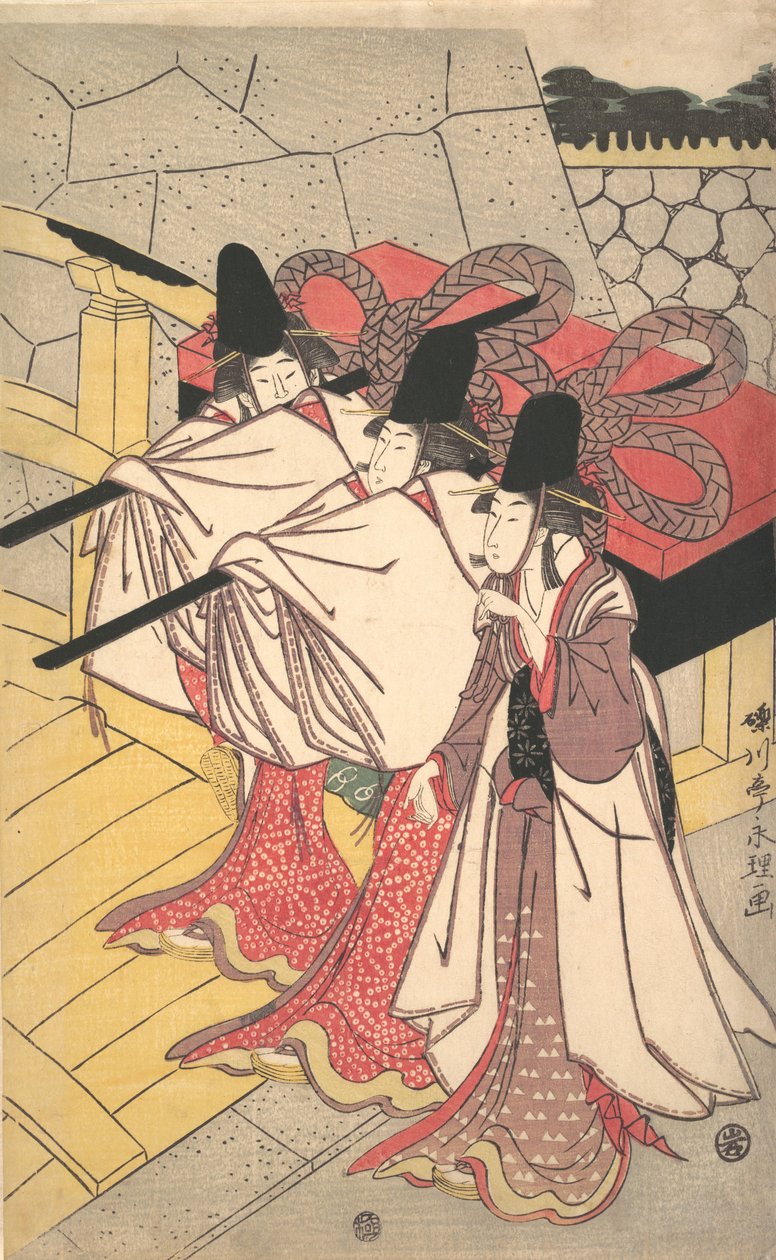 Prins Genji vender tilbage til sit palads, hvor hans kone venter på ham, ca. 1797., ca. 1797. af Rekisentei Eiri