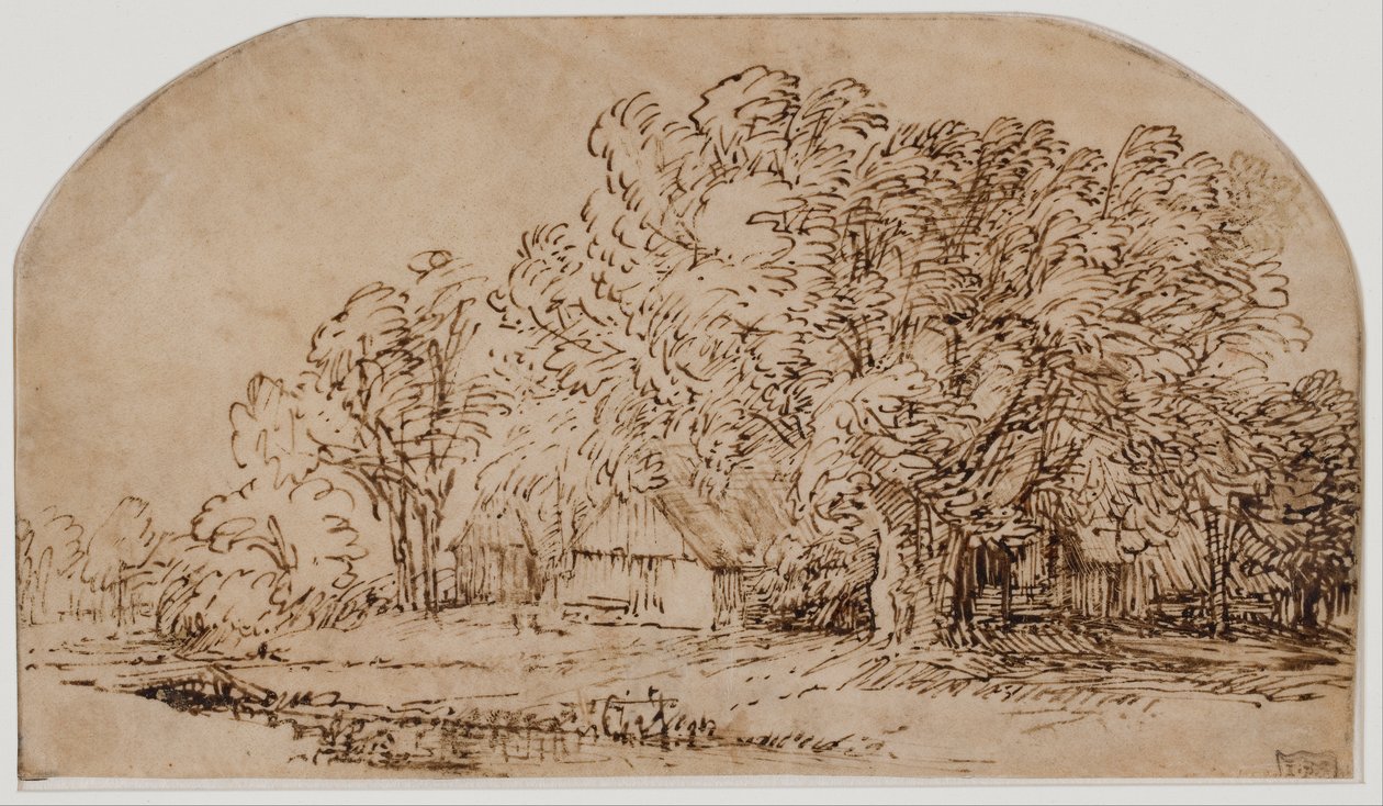 Landskab med sommerhuse under høje træer af Rembrandt van Rijn
