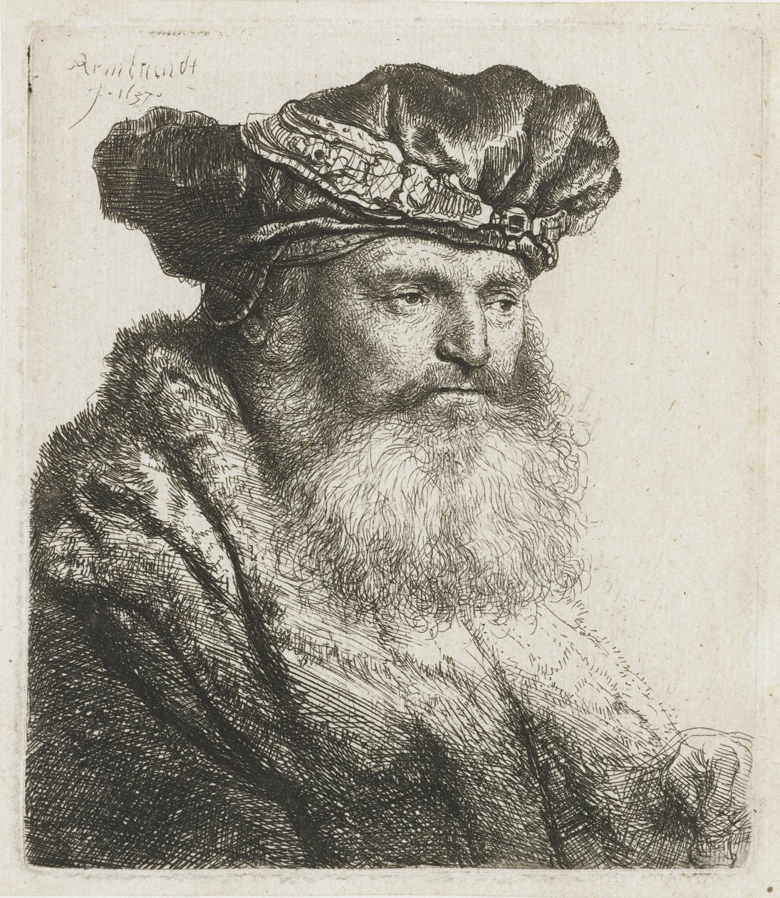 Skægget mand i en fløjlsbasker med en juvellås, 1637 af Rembrandt van Rijn