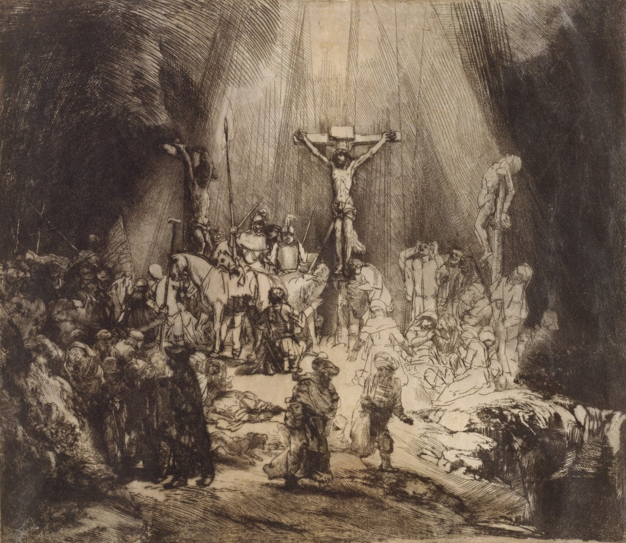 Kristus korsfæstet mellem de to tyve: De tre kors, 1653 af Rembrandt van Rijn