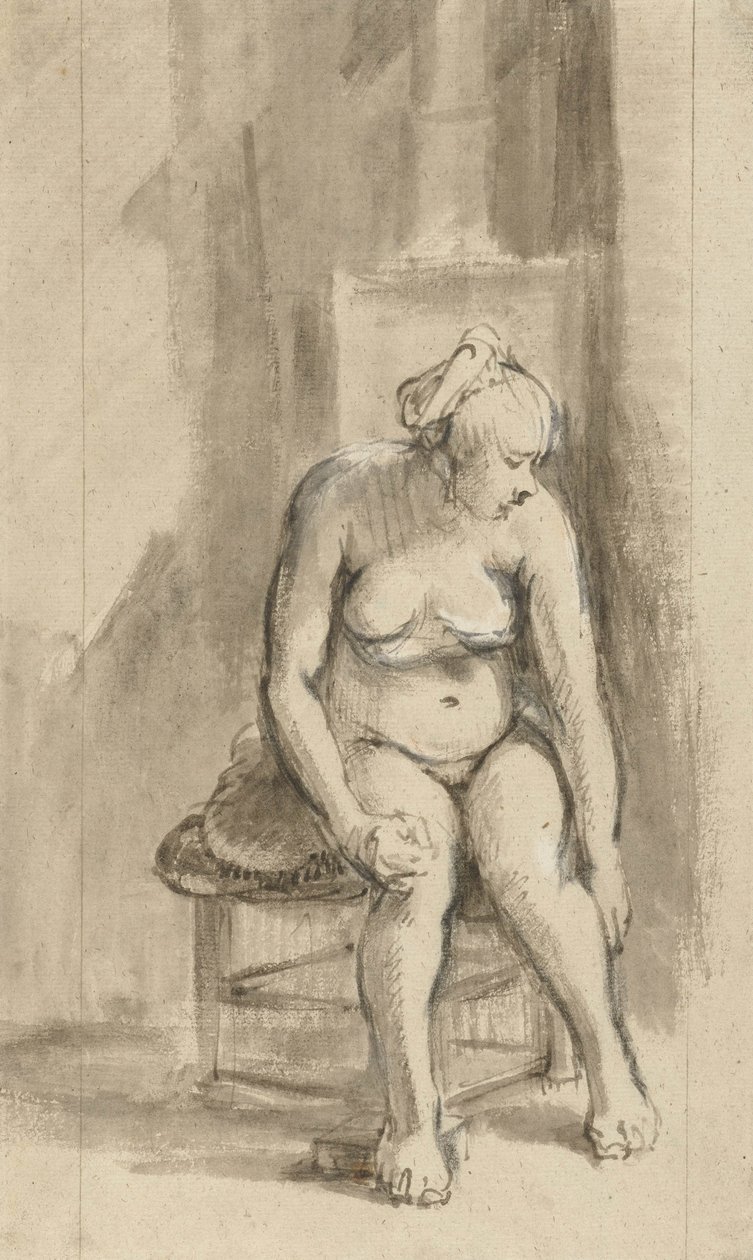 Nøgen kvinde siddende ved et komfur, ca. 1660-62 af Rembrandt van Rijn