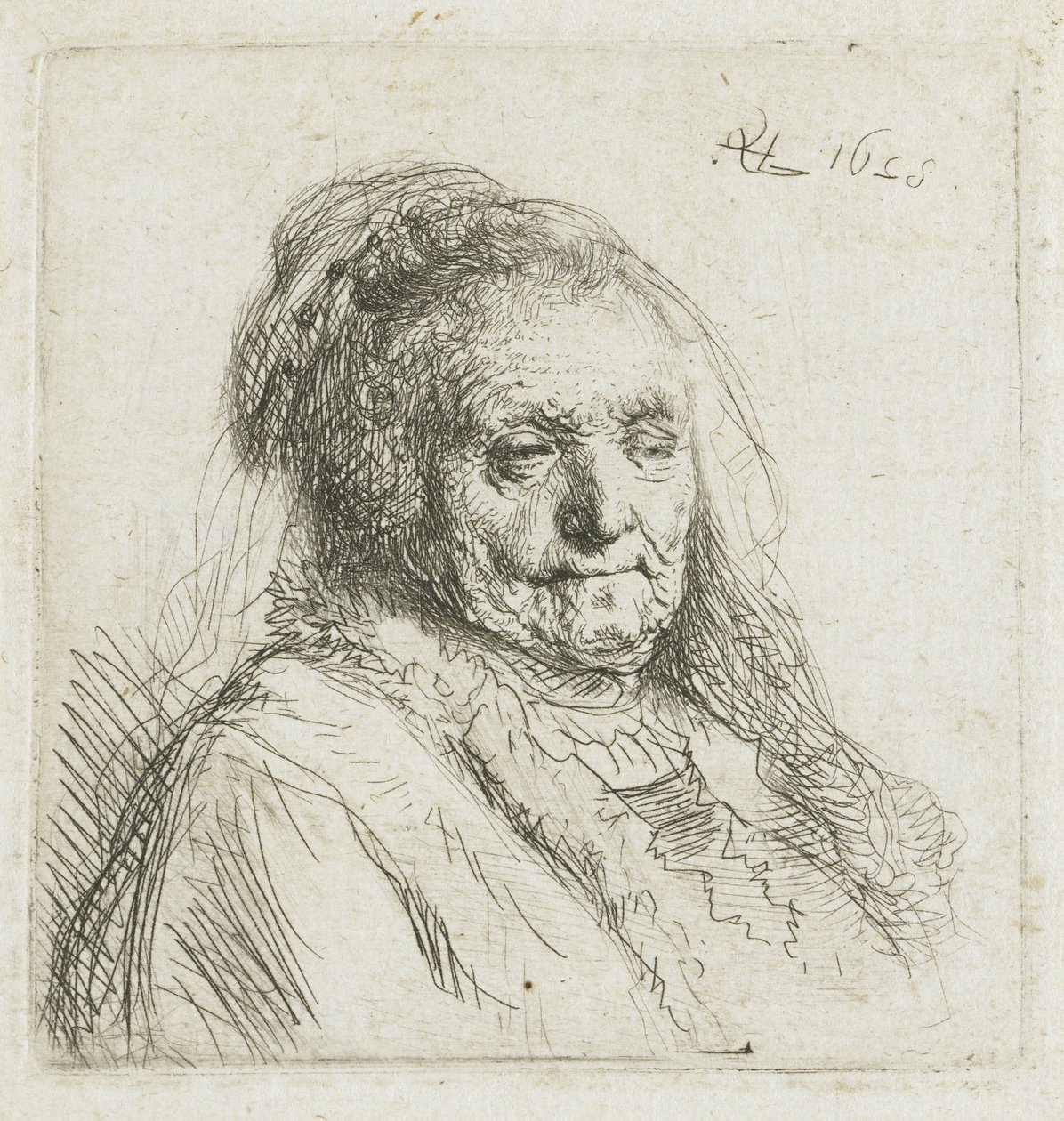 Rembrandts mor, hoved og skuldre, trekvart til højre, 1628 af Rembrandt van Rijn