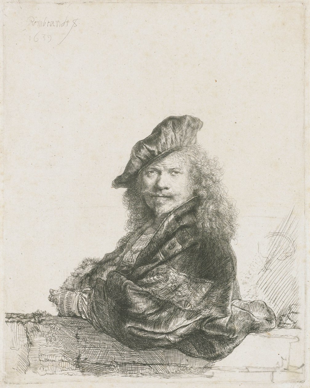 Selvportræt lænet underarm på en væg, 1639 af Rembrandt van Rijn