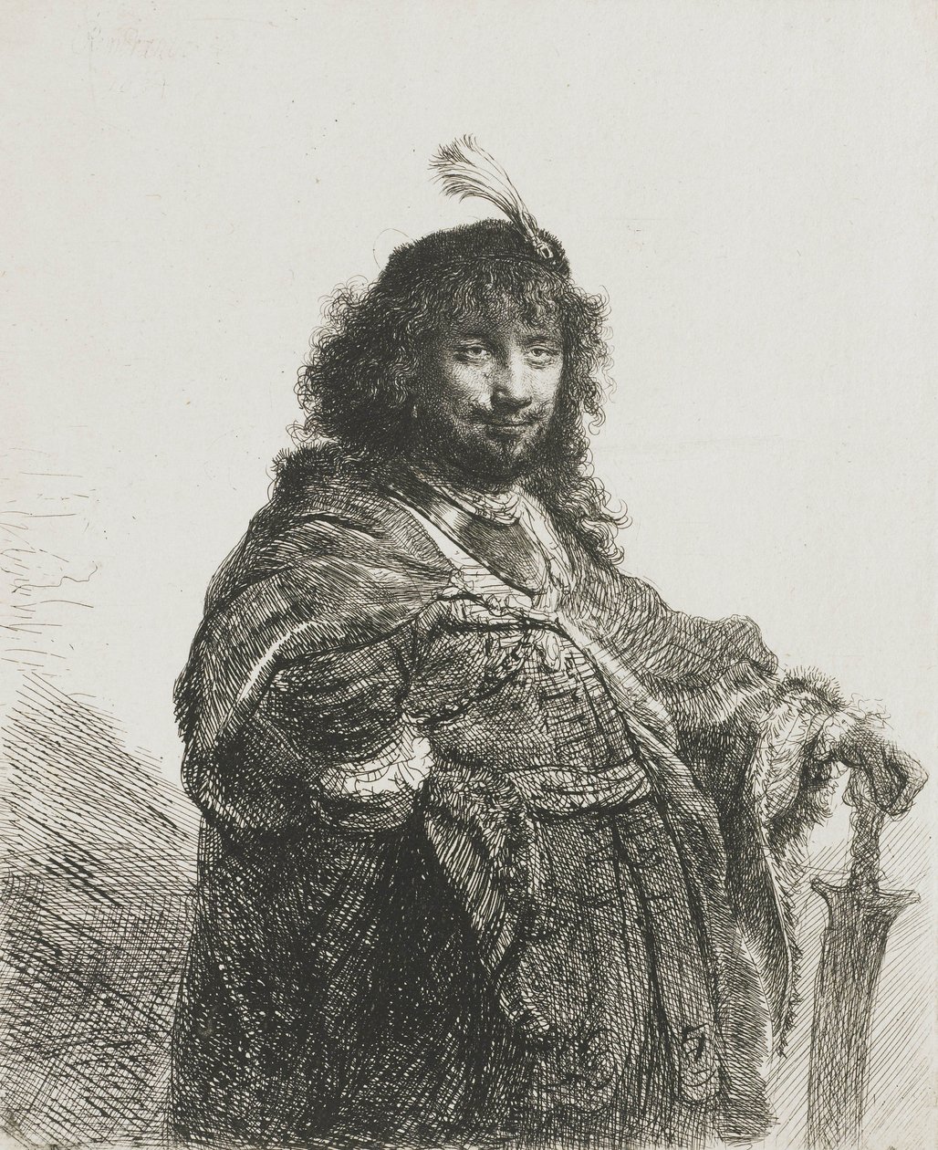 Selvportræt(?) med baret, lænet hånd på et sværd, 1634 af Rembrandt van Rijn
