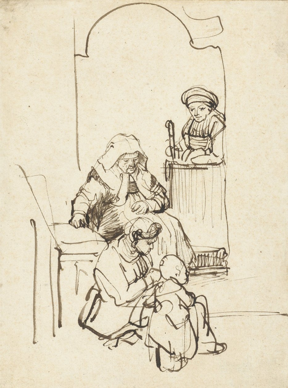 Tre kvinder og et barn ved en dør, ca. 1645 af Rembrandt van Rijn