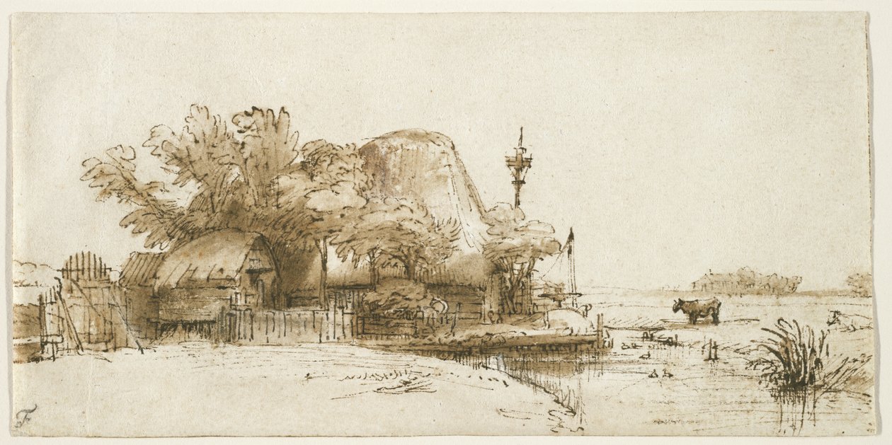 A Farm on the Amsteldijk, ca. 1650-52 (pen & blæk og vask på papir) af Rembrandt van Rijn