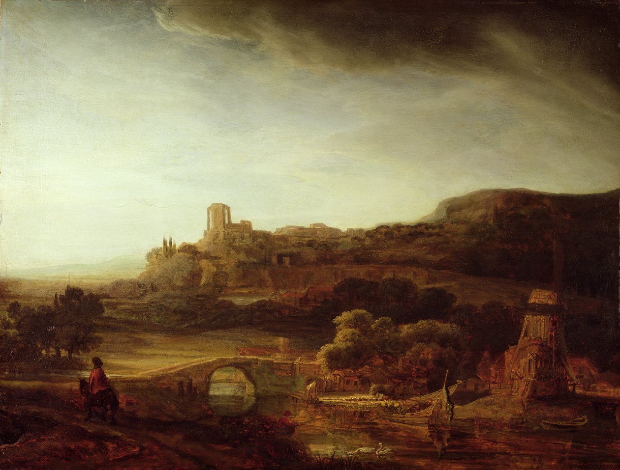 Landskab med flod og vindmølle af Rembrandt van Rijn