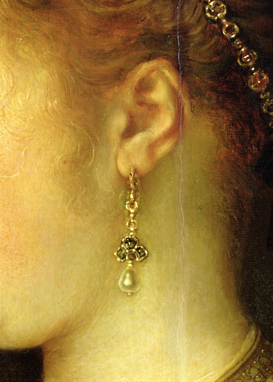 Portræt af Saskia van Uylenburgh (1612-42) i rigt kostume (detalje) (se 244316) af Rembrandt van Rijn