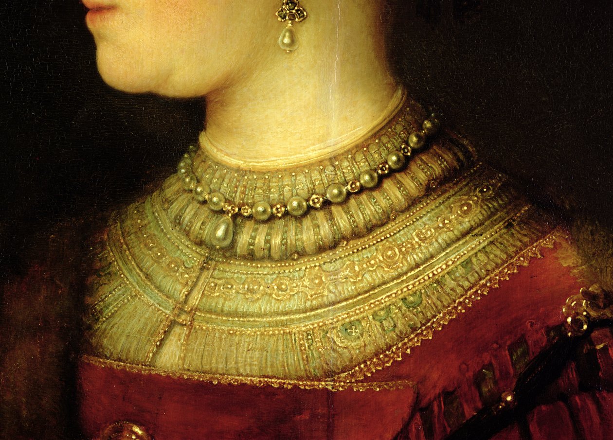 Portræt af Saskia van Uylenburgh (1612-42) i rigt kostume (detalje) (se 244316) af Rembrandt van Rijn