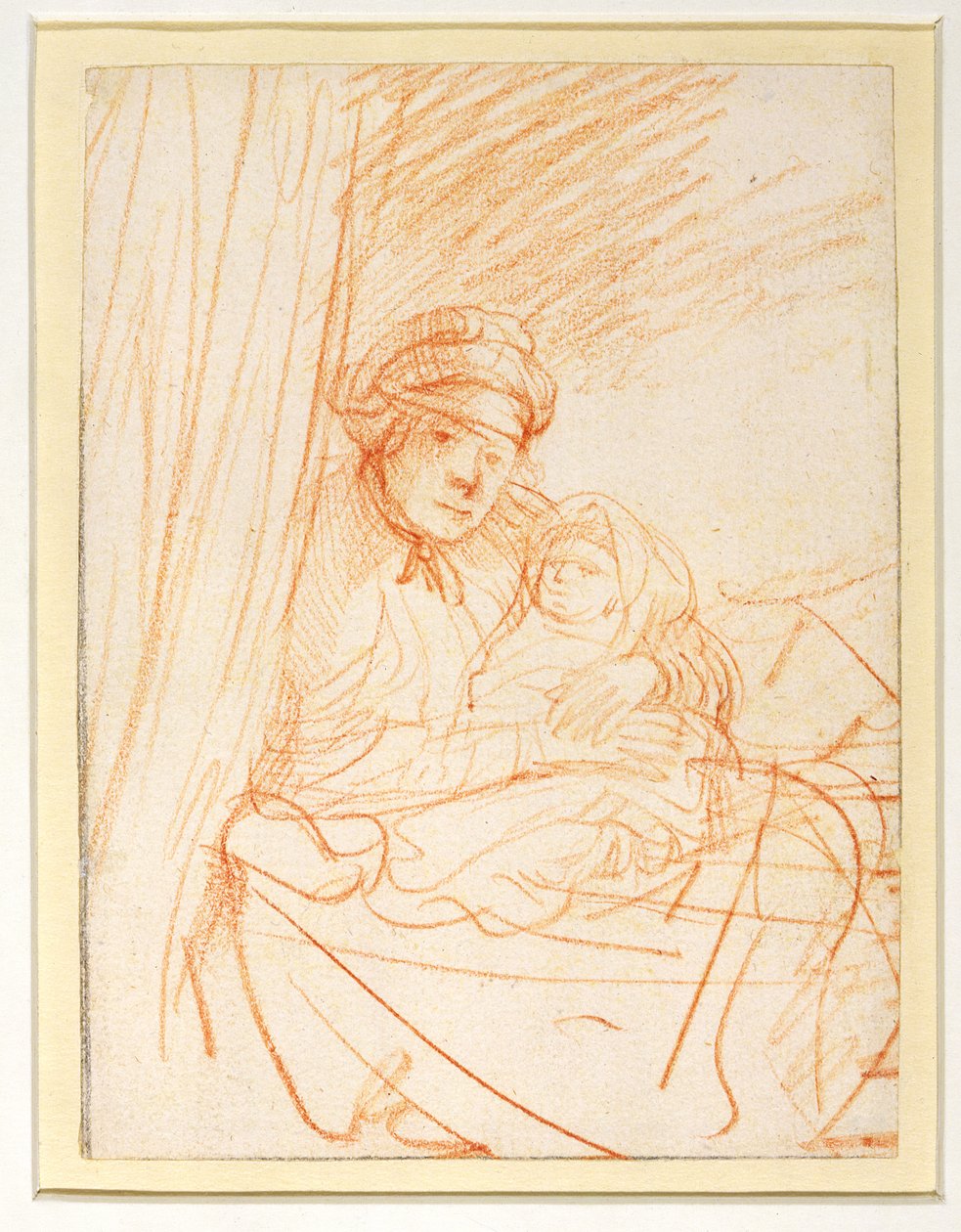 Saskia med sit første barn Rumbartus, 1635-36 (rødt kridt) af Rembrandt van Rijn