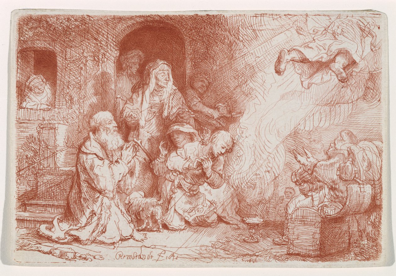 Englen afgår fra familien af Tobias, 1641 (ætsning med tørnål, trykt i sangvinsk) af Rembrandt van Rijn