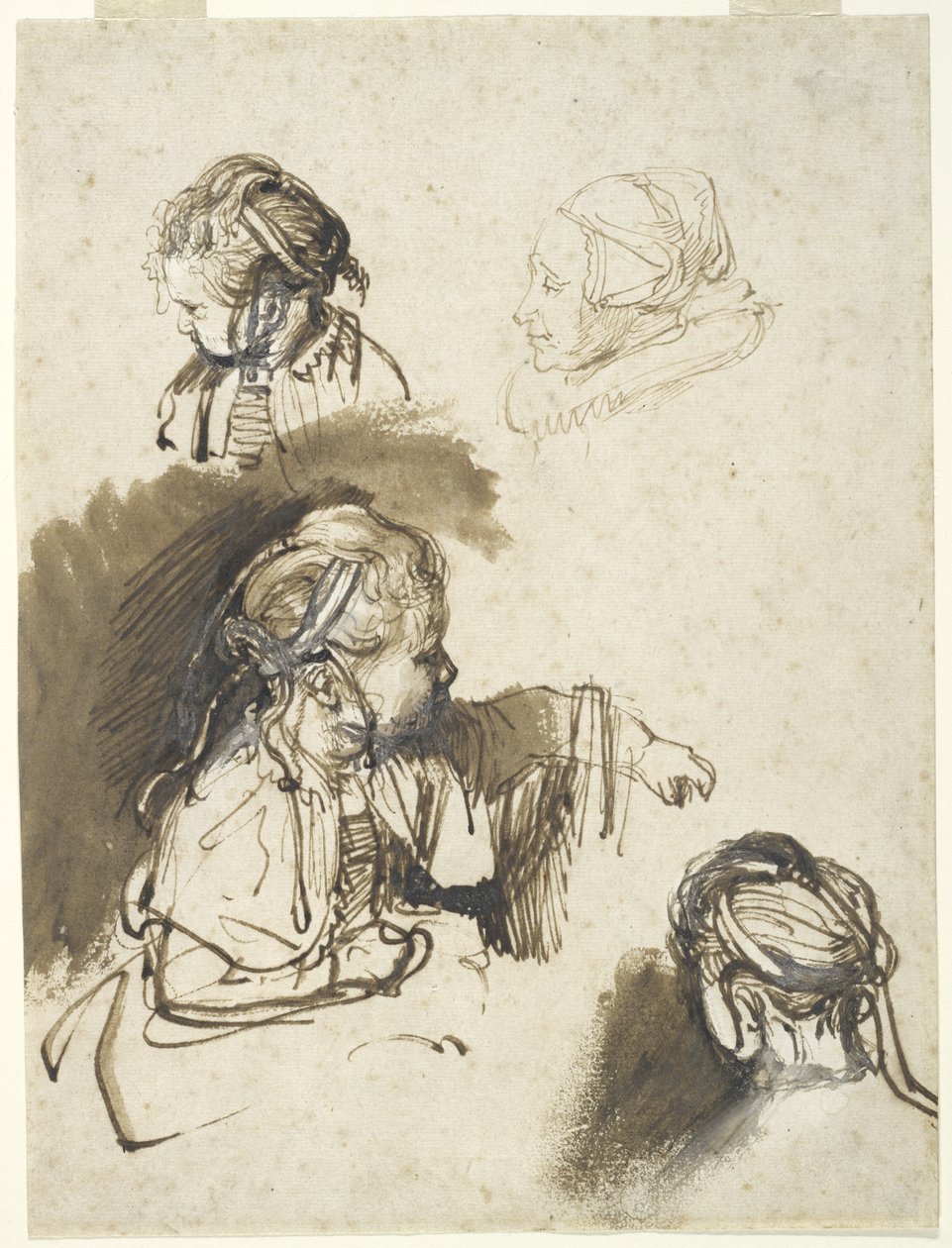 Tre studier af et barn og en af en gammel kvinde (pen og blæk med wc på papir) af Rembrandt van Rijn