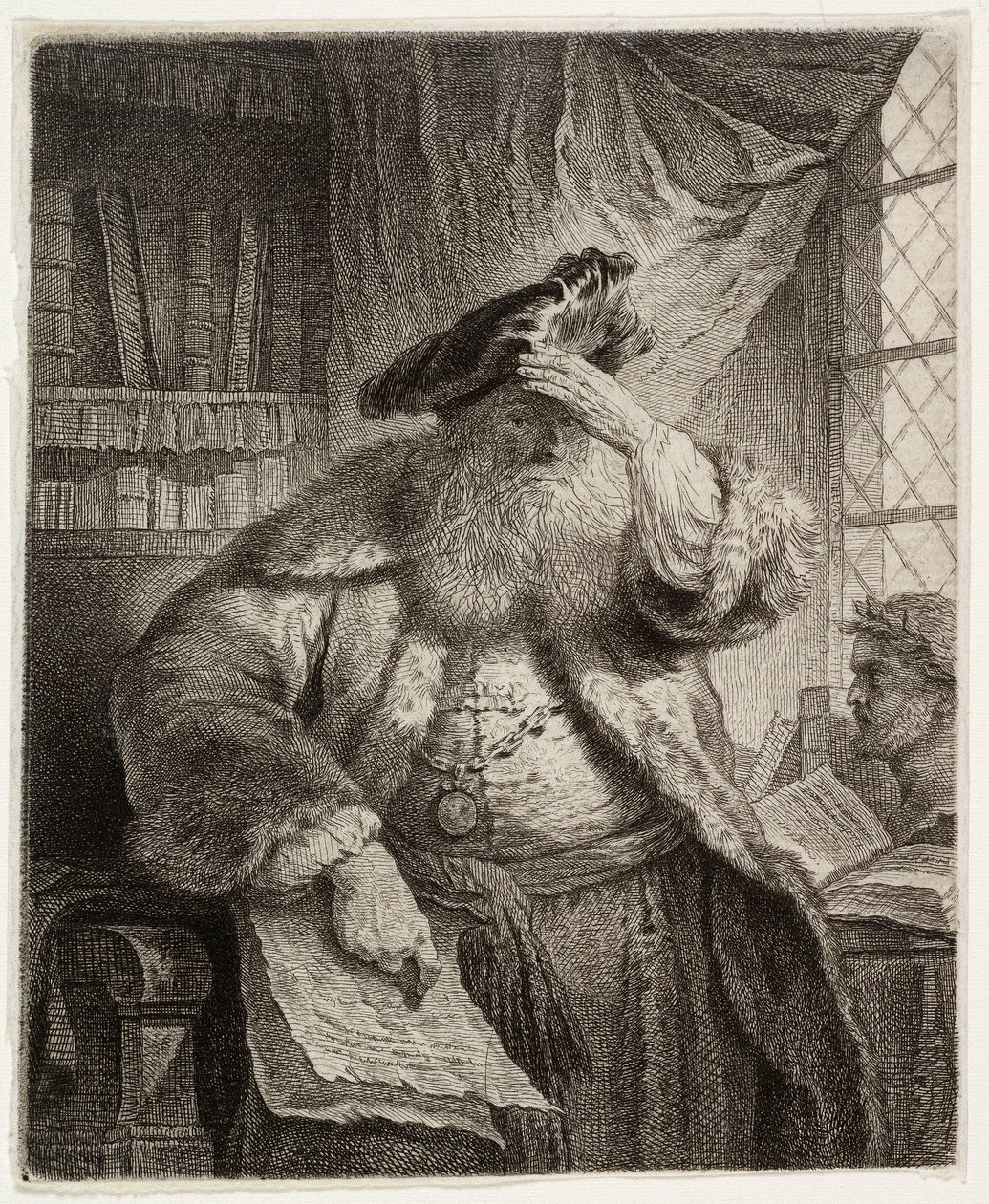 Gammel mand skygger for øjnene med hånden af after Rembrandt van Rijn