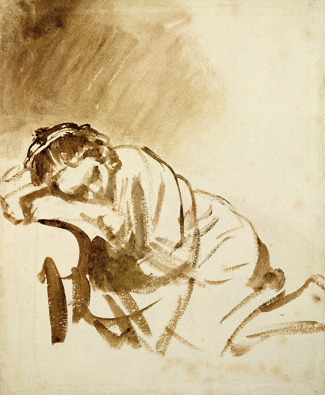En ung kvinde sover (Hendrijke Stoffels) ca. 1654 (børste og brun vask på papir) af Rembrandt van Rijn