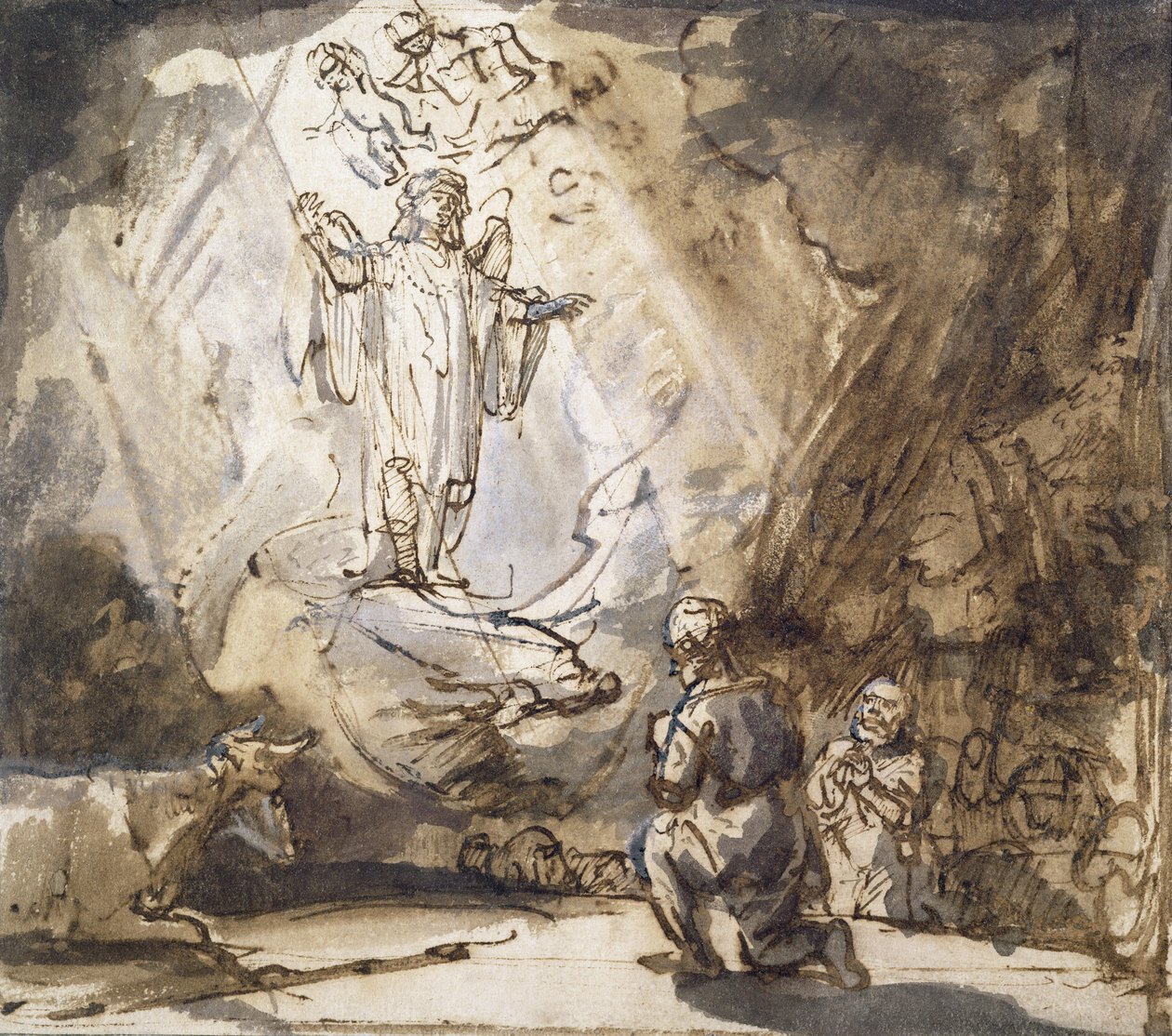 Bebudelse til hyrderne (pen og blæk på papir) af Rembrandt van Rijn