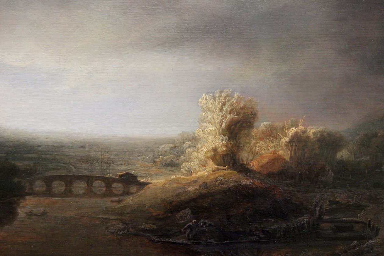 Berlins landskab med en langbuet bro af Rembrandt van Rijn
