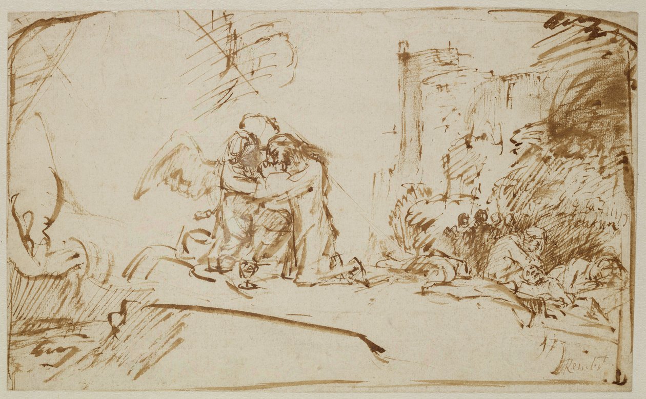Kristus på Oliebjerget (pen, pensel og brunt blæk på papir) af Rembrandt van Rijn