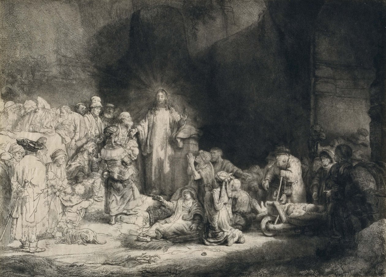 Kristus med den syge omkring ham, modtager små børn (Hundredgylderprintet) af Rembrandt van Rijn