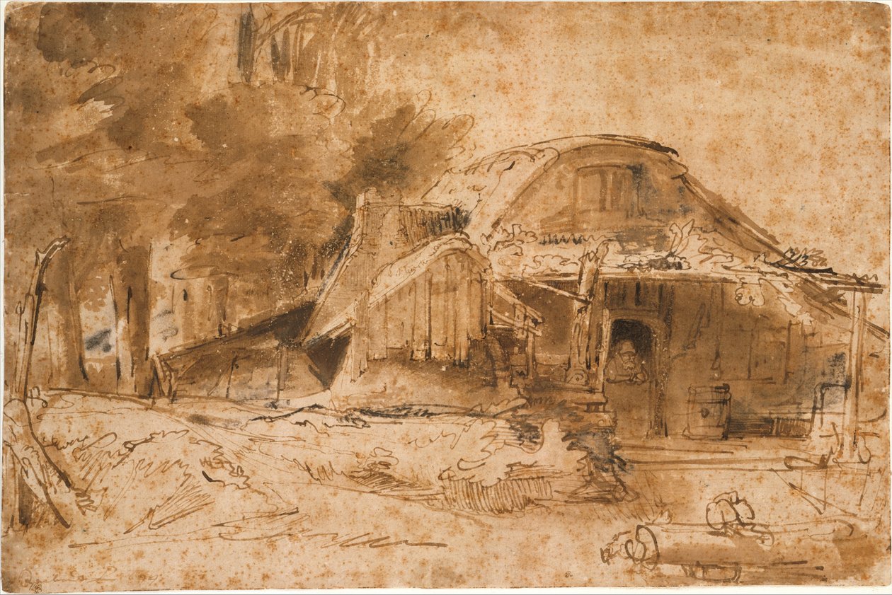 Sommerhus tæt på kanten af et træ af Rembrandt van Rijn