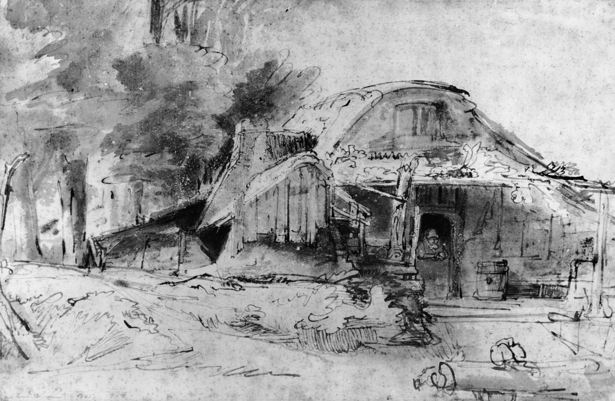 Sommerhus i udkanten af et skov (pen, blæk og brun vask på papir) af Rembrandt van Rijn