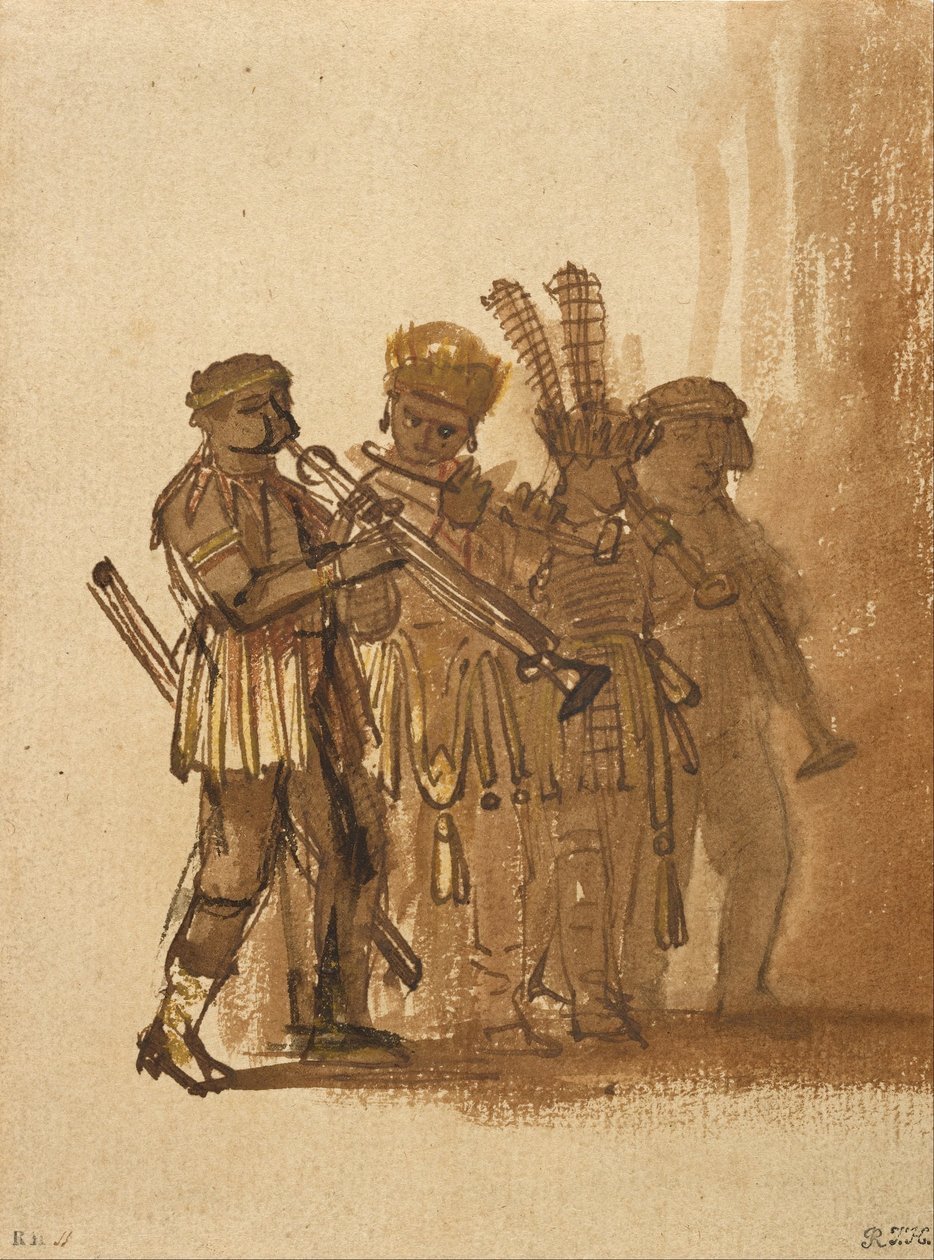 Fire musikere med blæsere af Rembrandt van Rijn