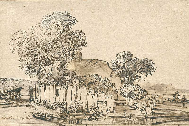 Sommerhus med træhegn mellem træer af Rembrandt van Rijn