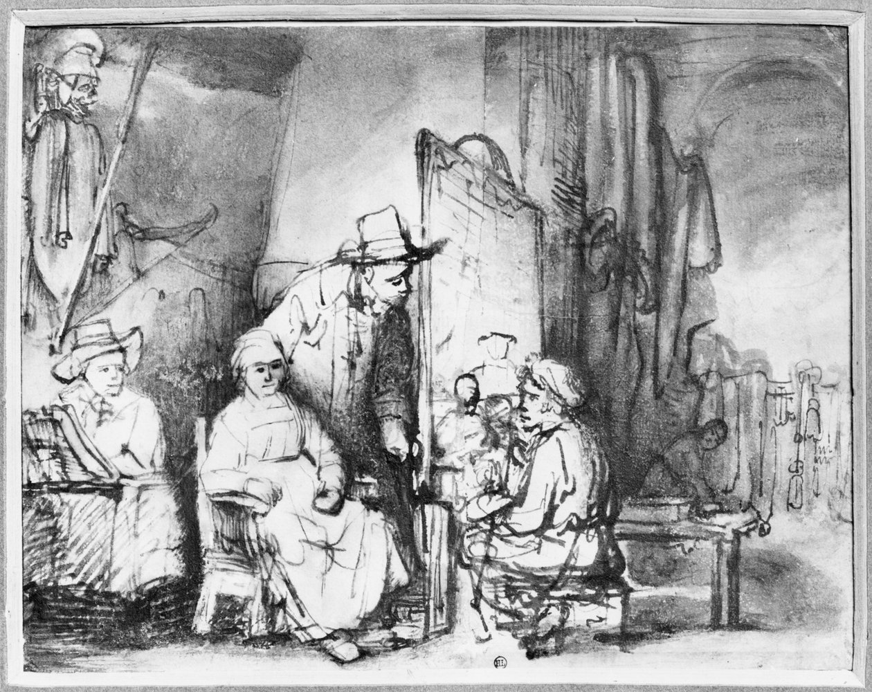Interiør af et studie med en maler, der maler portrættet af et par (pen, blæk, bistre og vask på papir) af Rembrandt van Rijn