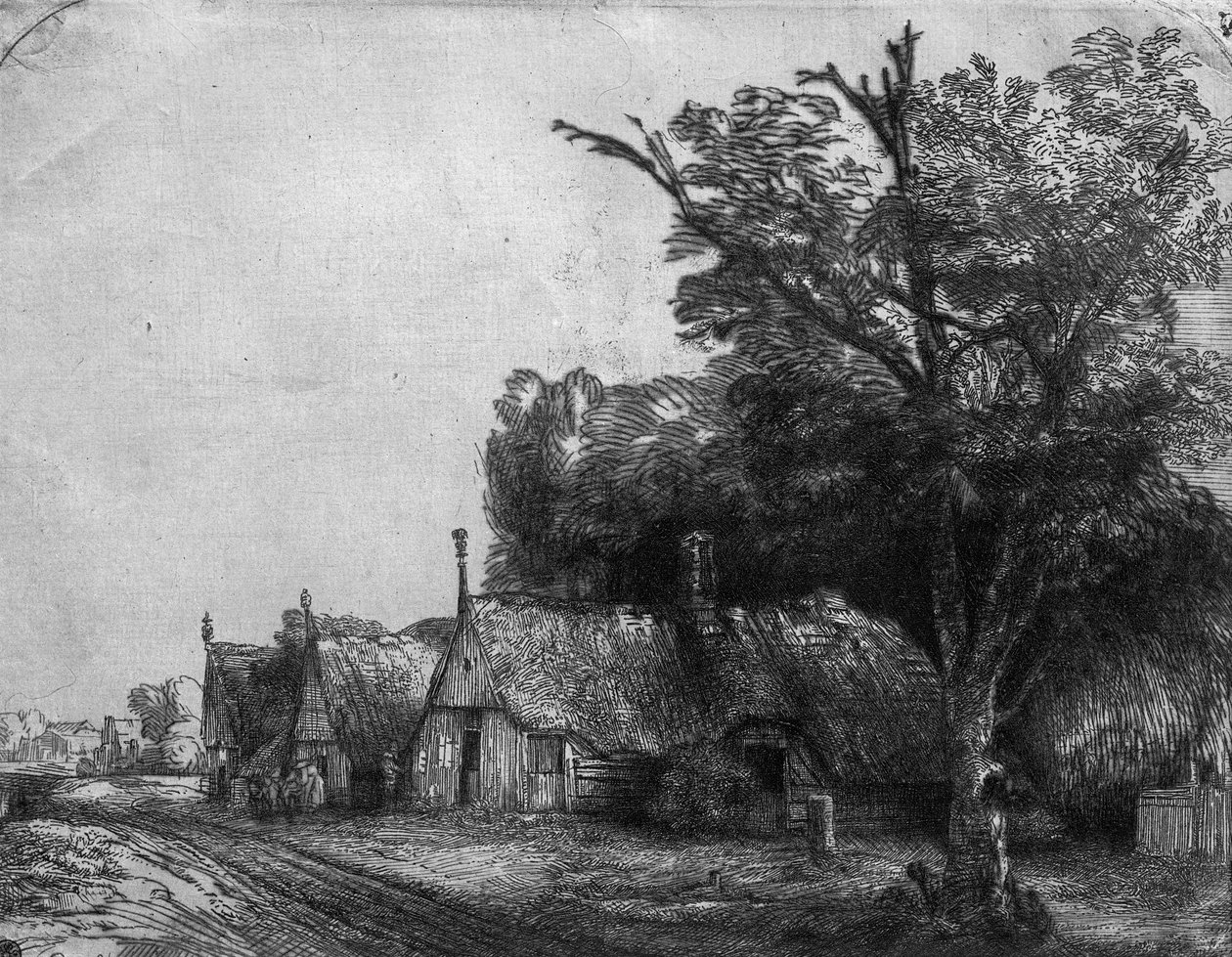 Landskab med tre hytter, 1650 af Rembrandt van Rijn