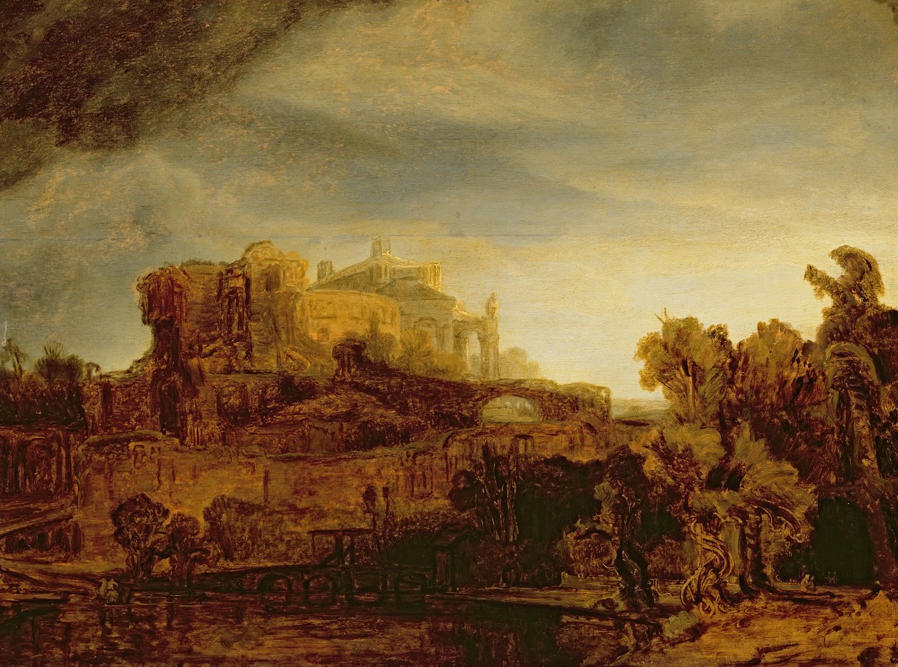 Landskab med et slot af Rembrandt van Rijn