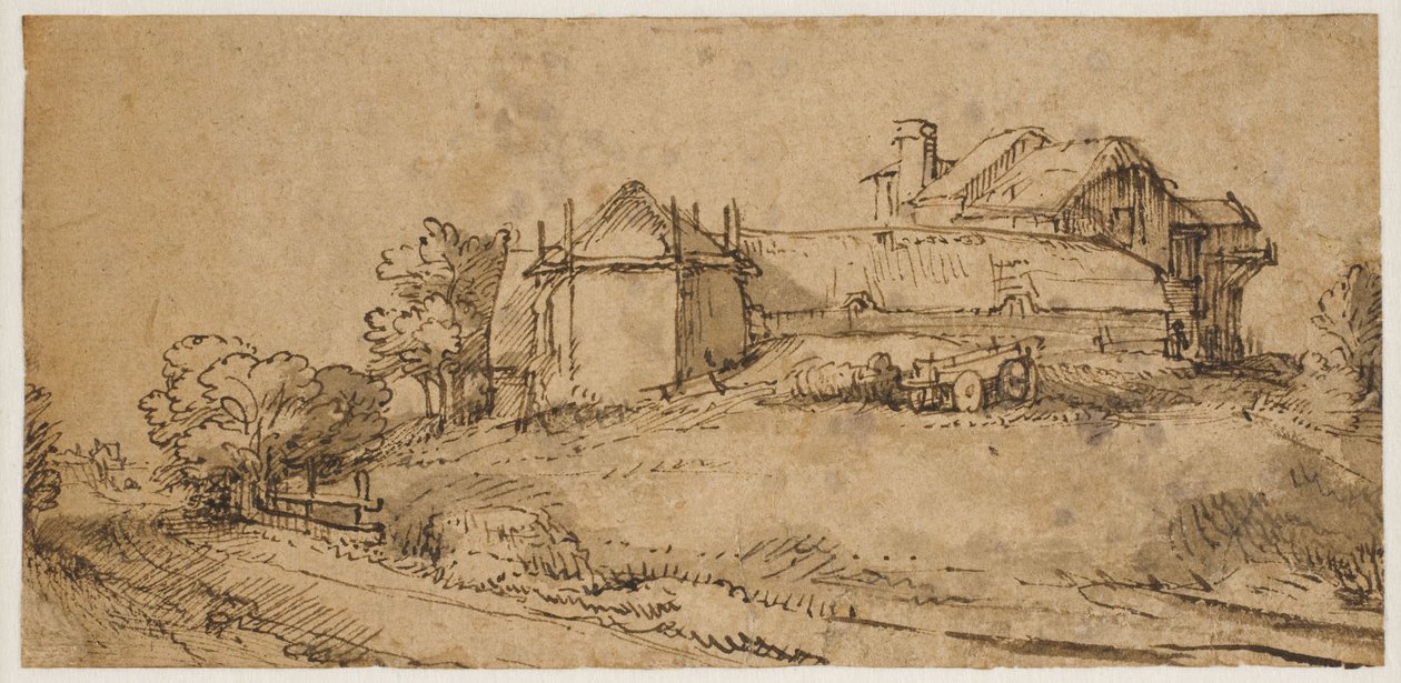 Landskab med et bondehus og en hølade af Rembrandt van Rijn