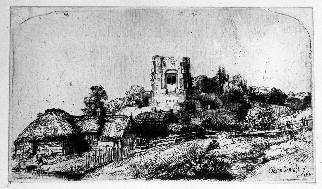 Landskab med et tårn, 1650 af Rembrandt van Rijn