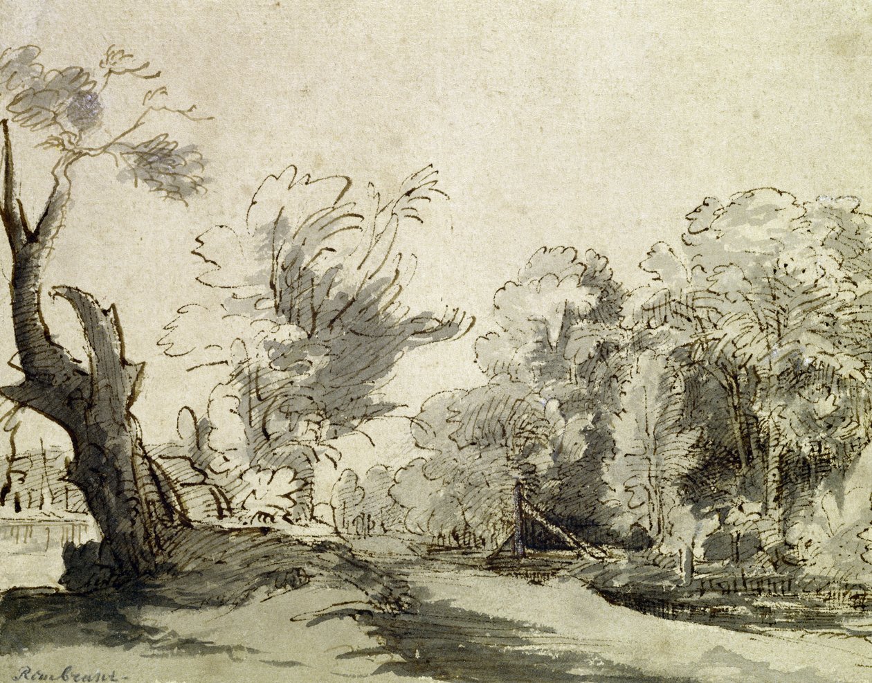 Landskab med en sti, et næsten dødt træ til venstre og en gangbro, der fører til en gård til højre (pen, blæk og vask på papir) af Rembrandt van Rijn