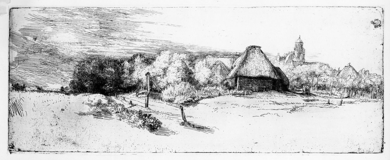 Landskab med tårn, c.1651 af Rembrandt van Rijn