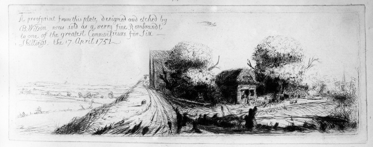 Landskab med landevej og hytter, ætset af Benjamin Wilson, 1751 af Rembrandt van Rijn