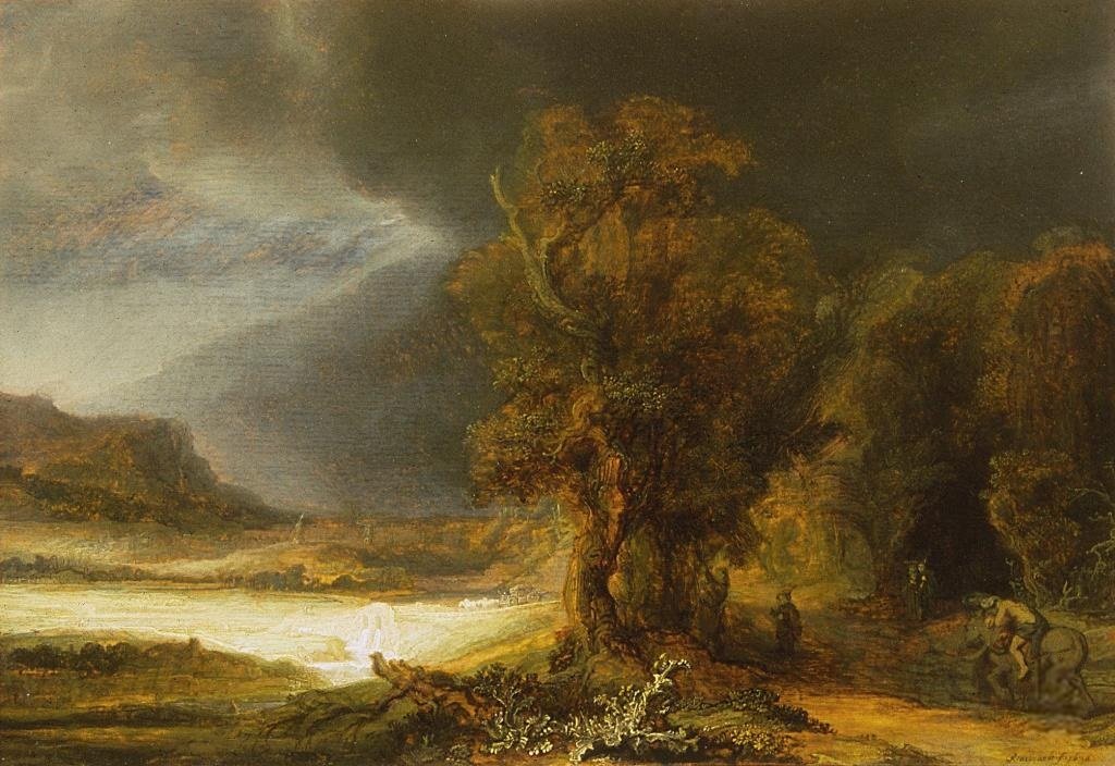Landskab med den barmhjertige samaritaner af Rembrandt van Rijn