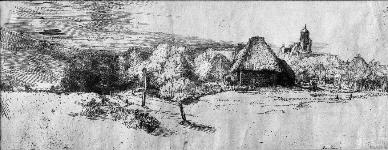 Stort landskab med et tårn, ca. 1650 af Rembrandt van Rijn