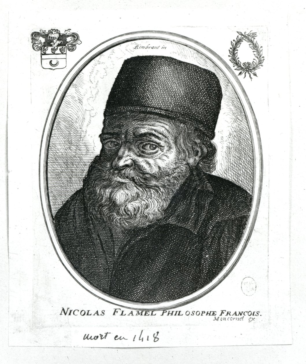 Nicolas Flamel (ca. 1330-1418) graveret af Balthazar Moncornet (ca. 1600-68) af Rembrandt van Rijn