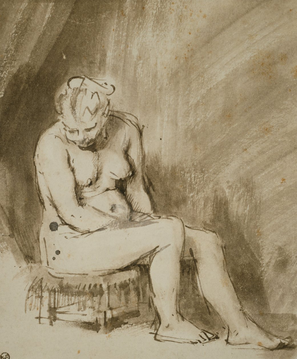 Nøgen kvinde siddende på en skammel af Rembrandt van Rijn
